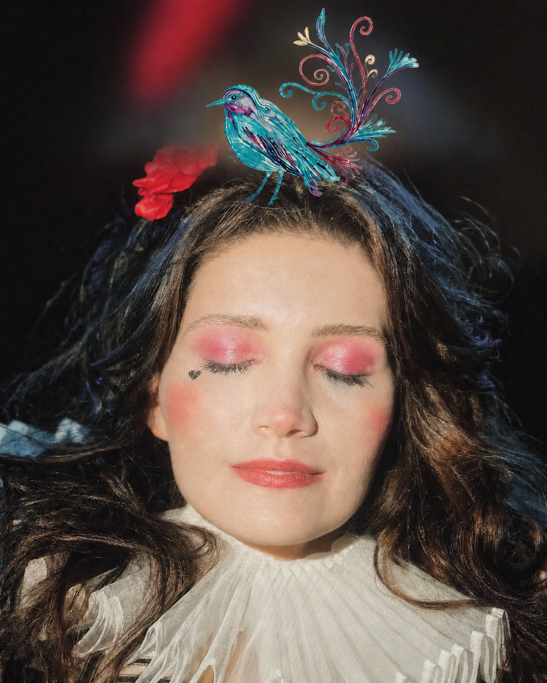 Working image of Dahlia with closed eyes and an illustrated bird resting in her hair